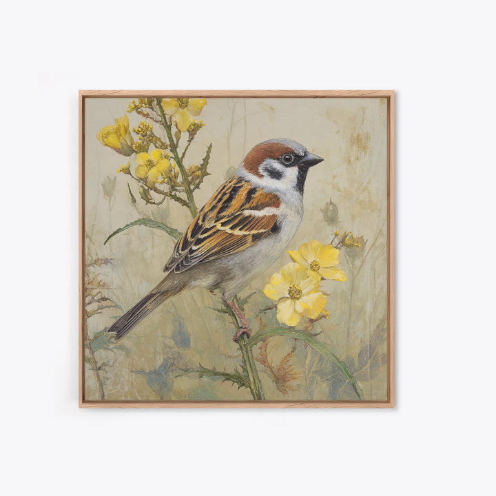 Small Sparrow on Wildflower Stem Framed Canvas Print, Bird Art, Nature Wall Art, Living Room Decor, Fine Art, Flight, BIR-1x1-38