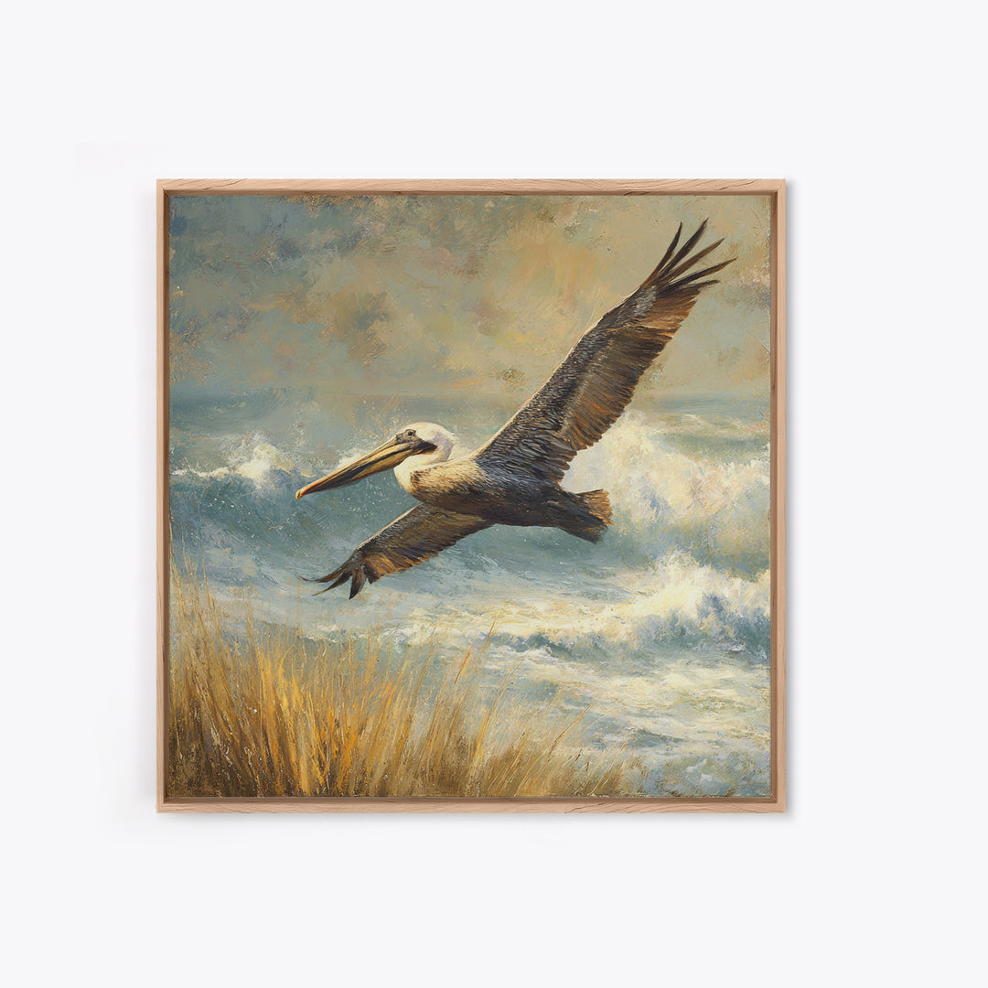 Pelican Flying over Coastal Waves Framed Canvas Print, Bird Art, Digital Download Art, Living Room Decor, Abstract Art, Flight, BIR-1x1-42