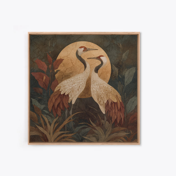 Pair of Cranes Dancing Framed Canvas Print, Bird Art, Nature Wall Art, Living Room Decor, Oil Painting, Flight, BIR-1x1-51