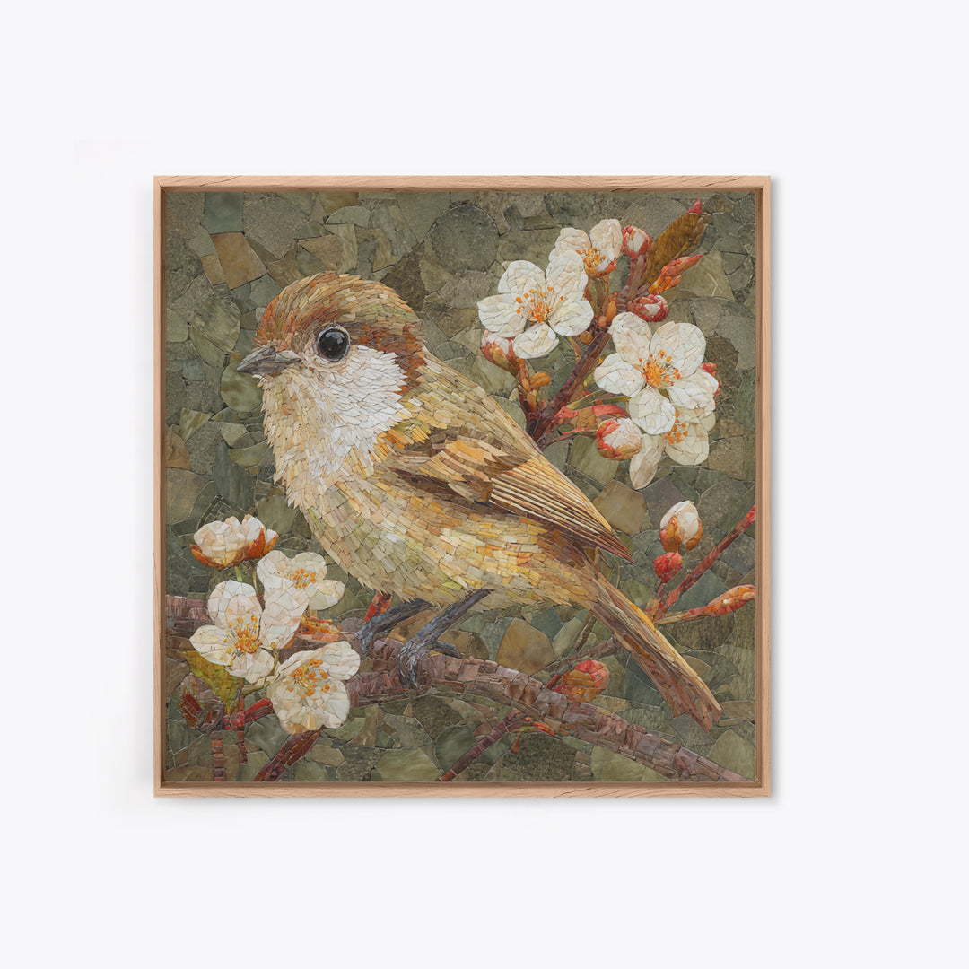 Songbird Perched on Cherry Blossoms Framed Canvas Print, Bird Art, Farmhouse Decor, Living Room Decor, Fine Art, Flight, BIR-1x1-56