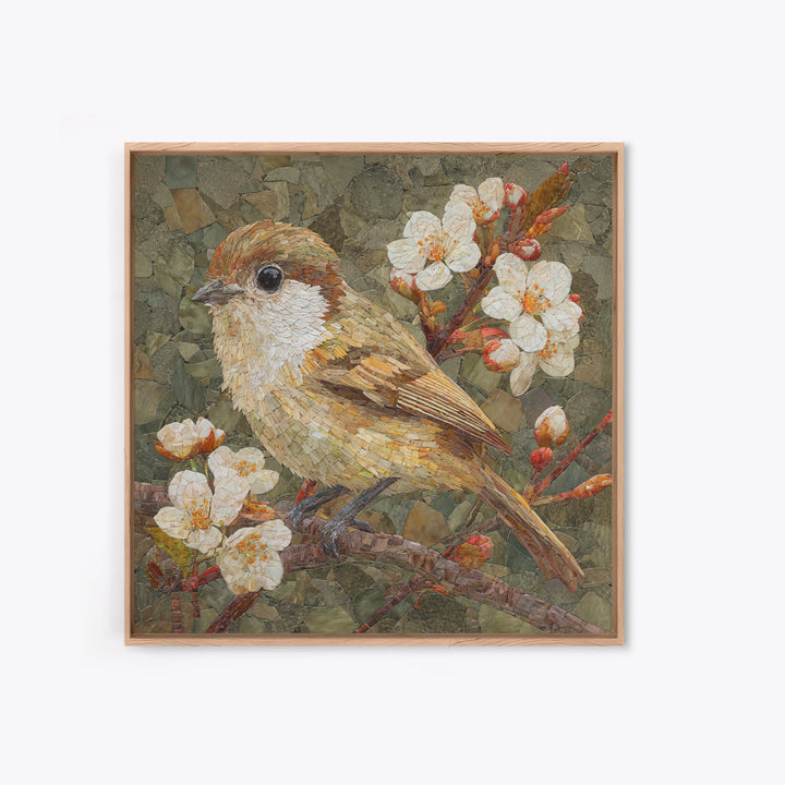 Songbird Perched on Cherry Blossoms Framed Canvas Print, Bird Art, Farmhouse Decor, Living Room Decor, Fine Art, Flight, BIR-1x1-56