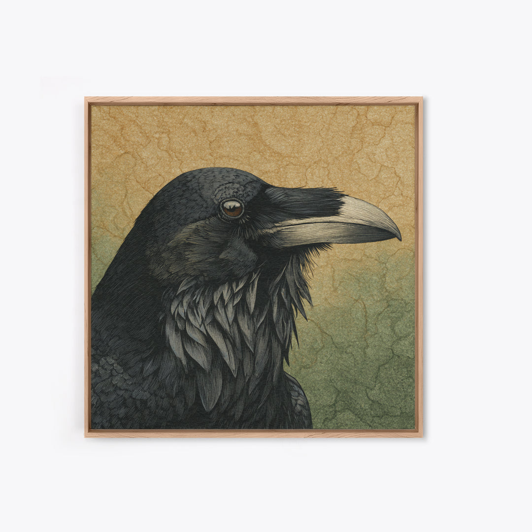 Raven Silhouette with Gothic Atmosphere Framed Canvas Print, Bird Art, Statement Artwork, Living Room Decor, Abstract Art, BIR-1x1-57