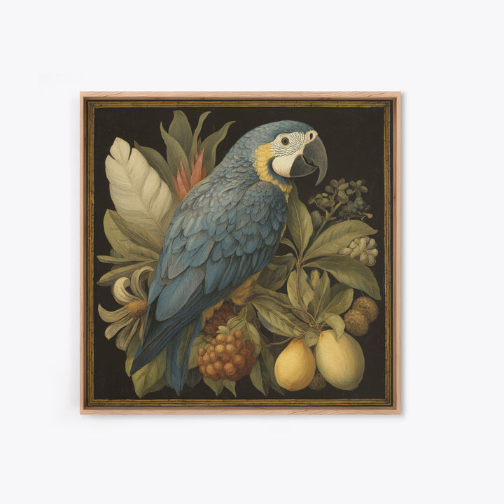Parrot Among Tropical Leaves and Fruit Framed Canvas Print, Bird Art, Forest Wall Art, Living Room Decor, Oil Painting, Flight, BIR-1x1-61