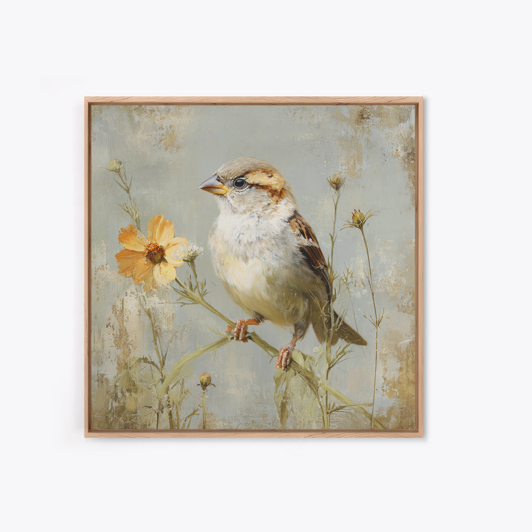 Small Sparrow on Wildflower Stem Framed Canvas Print, Bird Art, Nature Wall Art, Living Room Decor, Fine Art, Flight, BIR-1x1-62