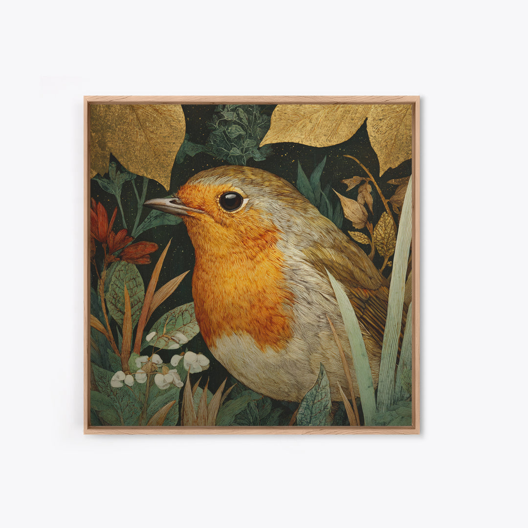 Robin in a Spring Garden with Soft Framed Canvas Print, Bird Art, Forest Wall Art, Living Room Decor, Oil Painting, Flight, BIR-1x1-63