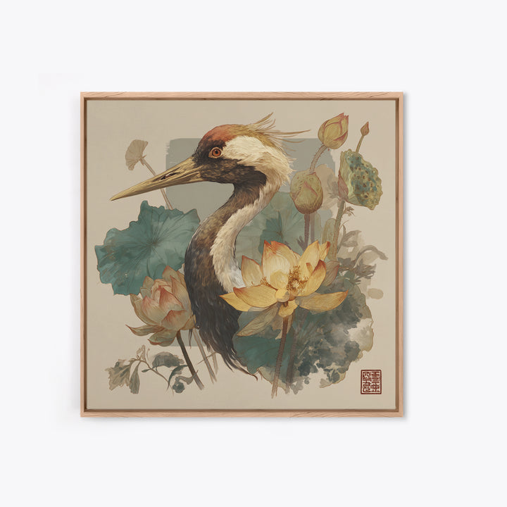 Crane and Lotus Composition Framed Canvas Print, Bird Art, Gallery Decor, Living Room Decor, Fine Art, Flight, Contemporary Art, BIR-1x1-65