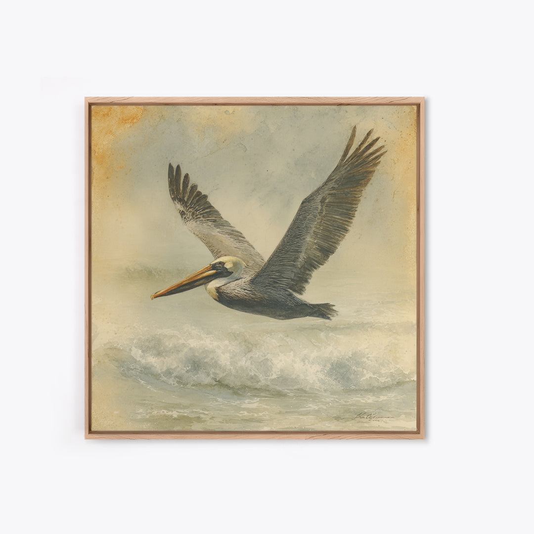 Pelican Flying over Coastal Waves Framed Canvas Print, Bird Art, Digital Download Art, Living Room Decor, Abstract Art, Flight, BIR-1x1-66