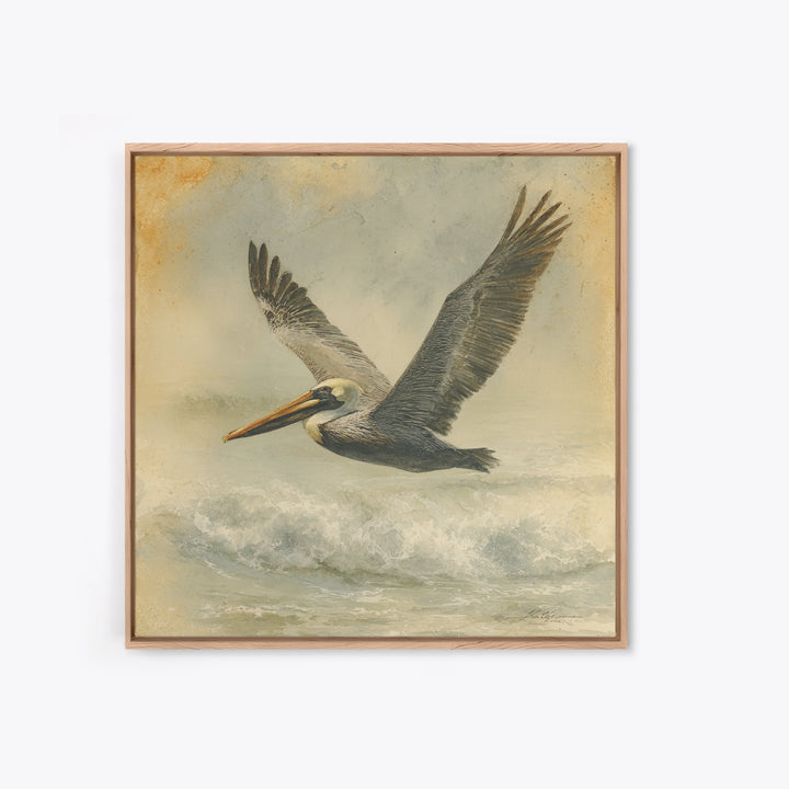 Pelican Flying over Coastal Waves Framed Canvas Print, Bird Art, Digital Download Art, Living Room Decor, Abstract Art, Flight, BIR-1x1-66