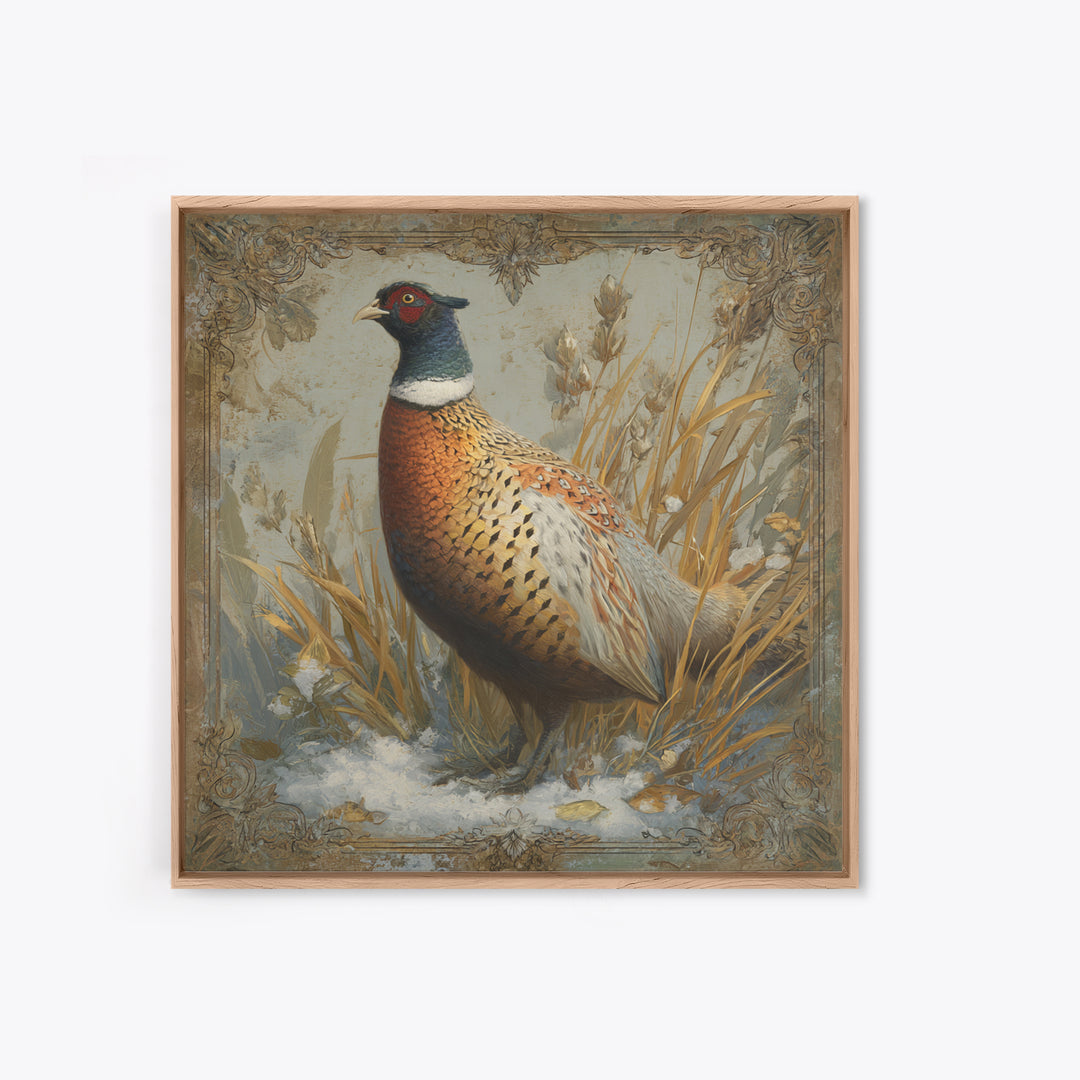 Pheasant with Ornate Feather Details Framed Canvas Print, Bird Art, Gallery Decor, Living Room Decor, Fine Art, Flight, BIR-1x1-67