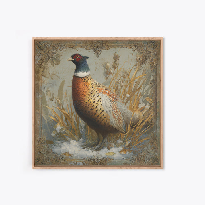 Pheasant with Ornate Feather Details Framed Canvas Print, Bird Art, Gallery Decor, Living Room Decor, Fine Art, Flight, BIR-1x1-67