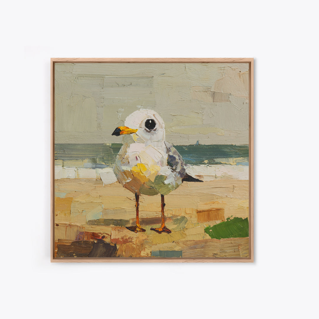 Seagulls Above a Pale Beach Horizon Framed Canvas Print, Bird Art, Digital Download Art, Living Room Decor, Oil Painting, BIR-1x1-68
