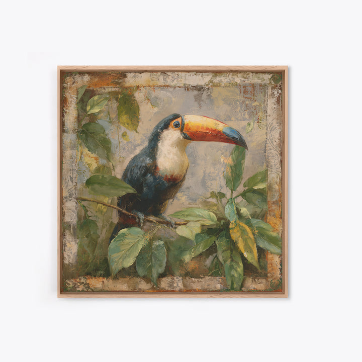 Toucan Framed by Bold Jungle Foliage Framed Canvas Print, Bird Art, Bird Wall Art, Living Room Decor, Fine Art, Flight, BIR-1x1-71