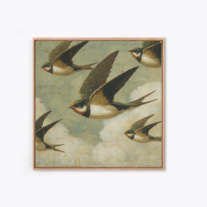 Flock of Swallows Sweeping Across Open Sky Framed Canvas Print, Bird Art, Gallery Decor, Living Room Decor, Fine Art, Flight, BIR-1x1-78
