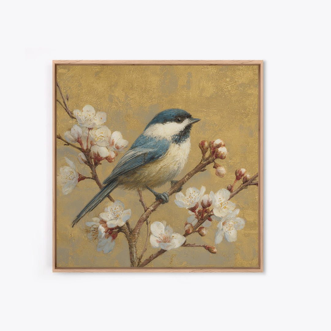 Songbird Perched on Cherry Blossoms Framed Canvas Print, Bird Art, Digital Print, Living Room Decor, Fine Art, Flight, BIR-1x1-8
