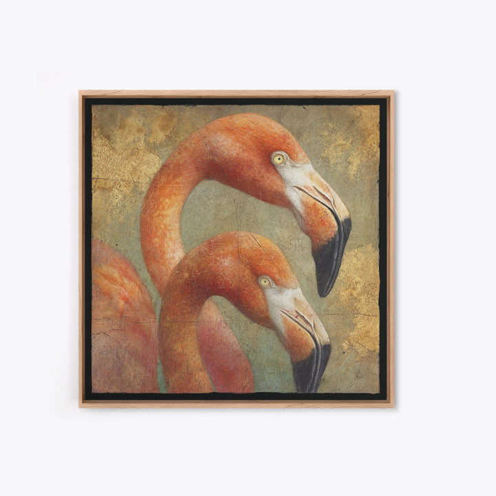 Flamingo Pair in Coral Water Reflections Canvas Print, Bird Art, Neutral Decor, Living Room Decor, Oil Painting, Flight, BIR-1x1-82
