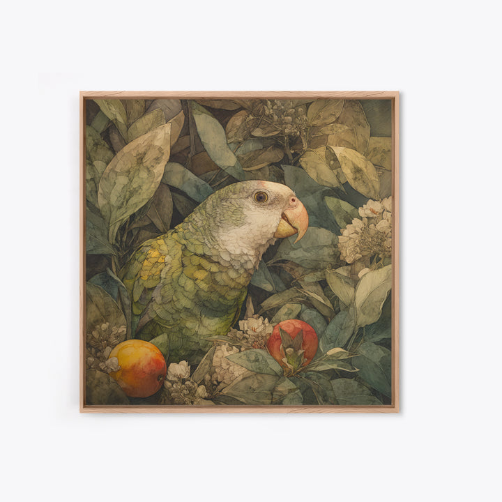 Parrot Among Tropical Leaves and Fruit Canvas Print, Bird Art, Boho Decor, Living Room Decor, Fine Art, Flight, BIR-1x1-85