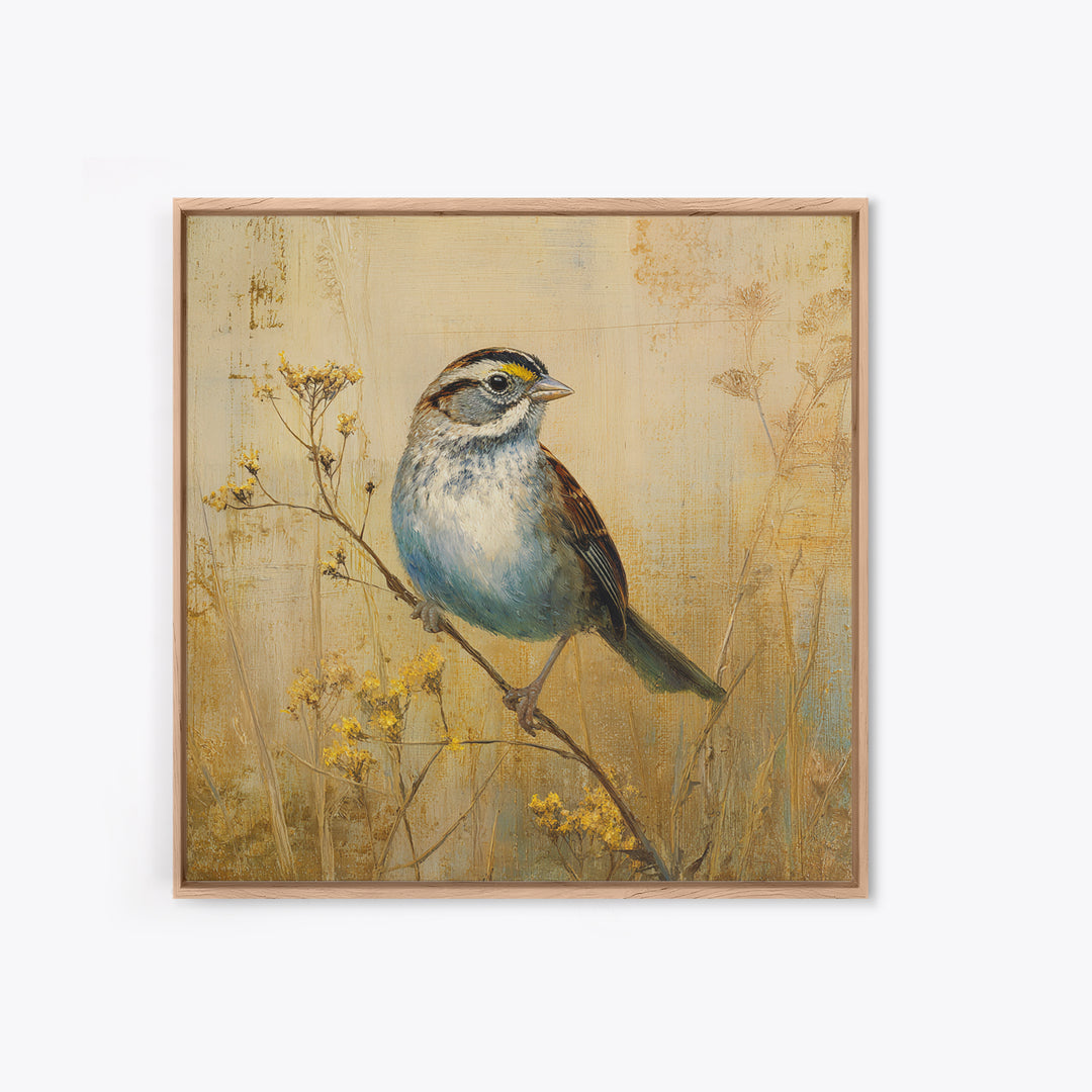 Small Sparrow on Wildflower Stem Canvas Print, Bird Art, Modern Decor, Living Room Decor, Oil Painting, Flight, Home Decor, BIR-1x1-86