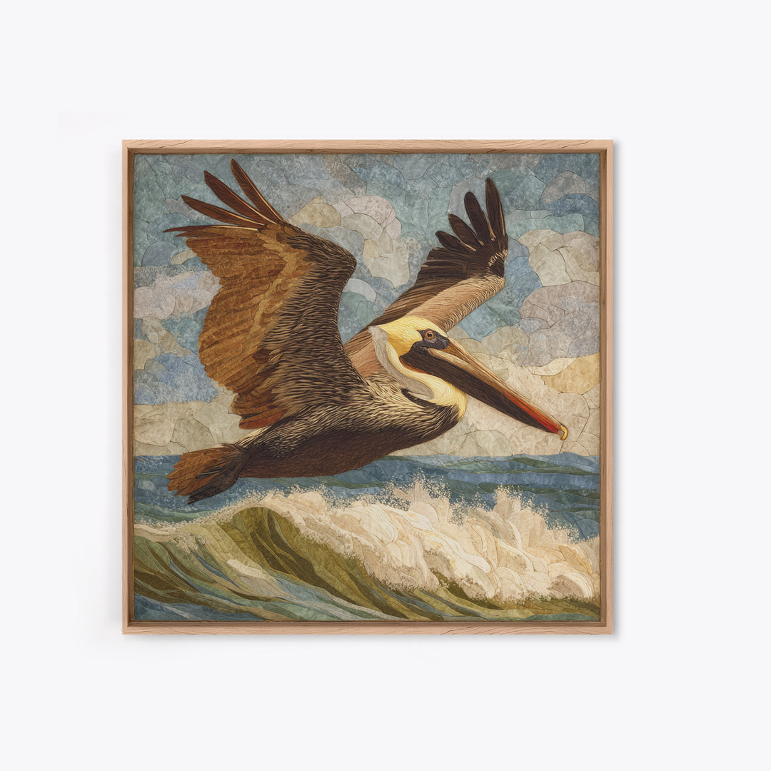 Pelican Flying over Coastal Waves Canvas Print, Bird Art, Rustic Home Decor, Living Room Decor, Fine Art, Flight, BIR-1x1-90