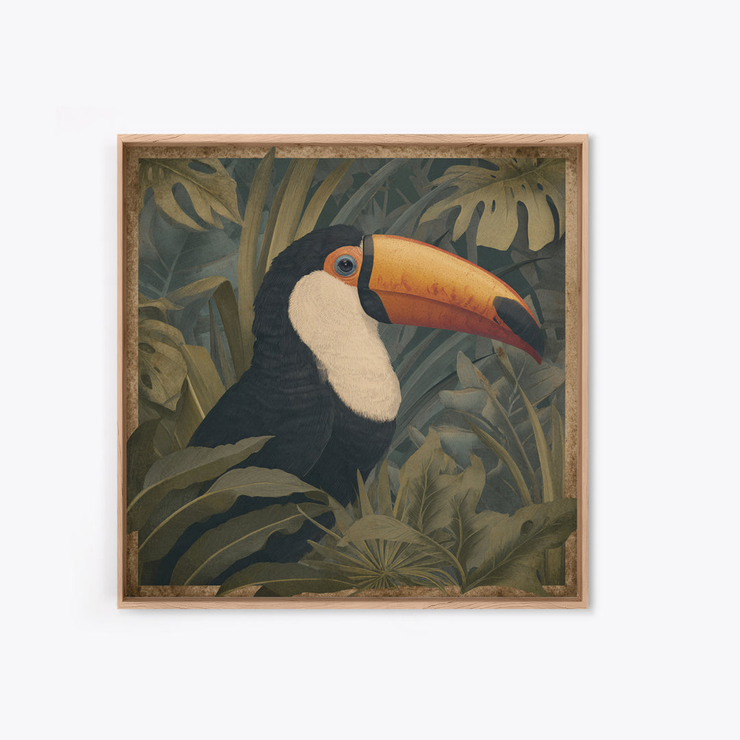 Toucan Framed by Bold Jungle Foliage Canvas Print, Bird Art, Neutral Decor, Living Room Decor, Fine Art, Flight, Wall Art, BIR-1x1-95
