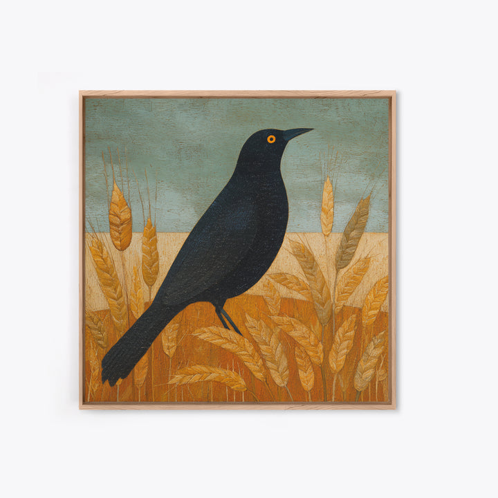 Blackbird on Gold Wheat Field Framed Canvas Print, Bird Art, Printable Wall Art, Living Room Decor, Fine Art, Flight, BIR-1x1-96