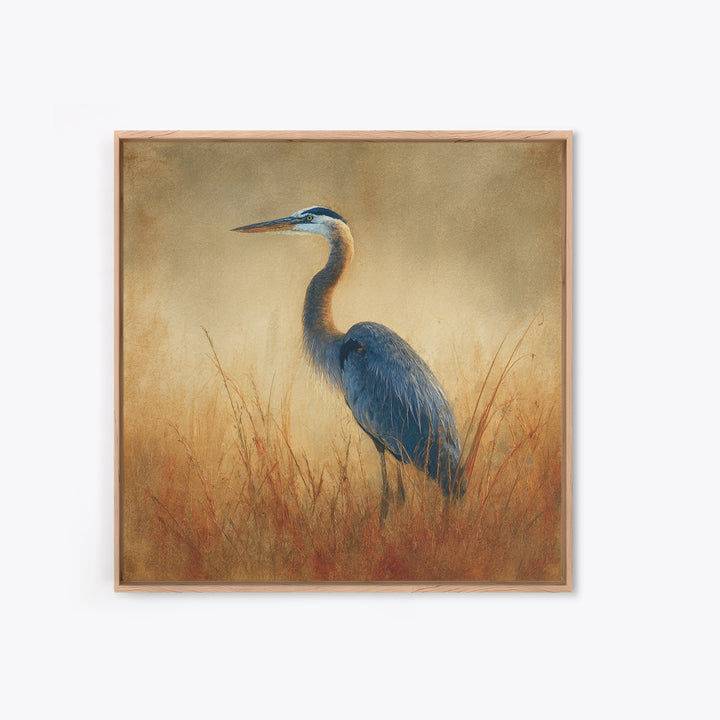 Blue Heron in Misty Marsh Grass Canvas Print, Bird Art, Boho Decor, Living Room Decor, Fine Art, Flight, Printable Wall Art, BIR-1x1-98