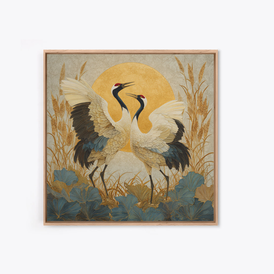 Pair of Cranes Dancing Canvas Print, Bird Art, Wall Art, Living Room Decor, Flight, Japanese Wall Art, Modern Wall Art, BIR-1x1-99