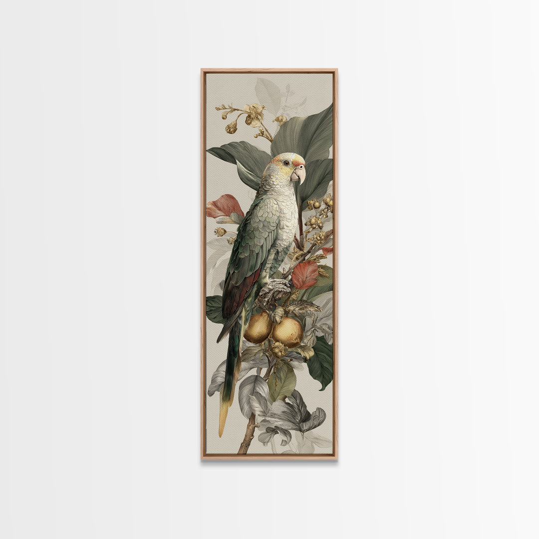 Parrot Among Tropical Leaves and Fruit Canvas Print, Bird Art, Living Room Art, Living Room Decor, Watercolor Art, Flight, BIR-1x3-1