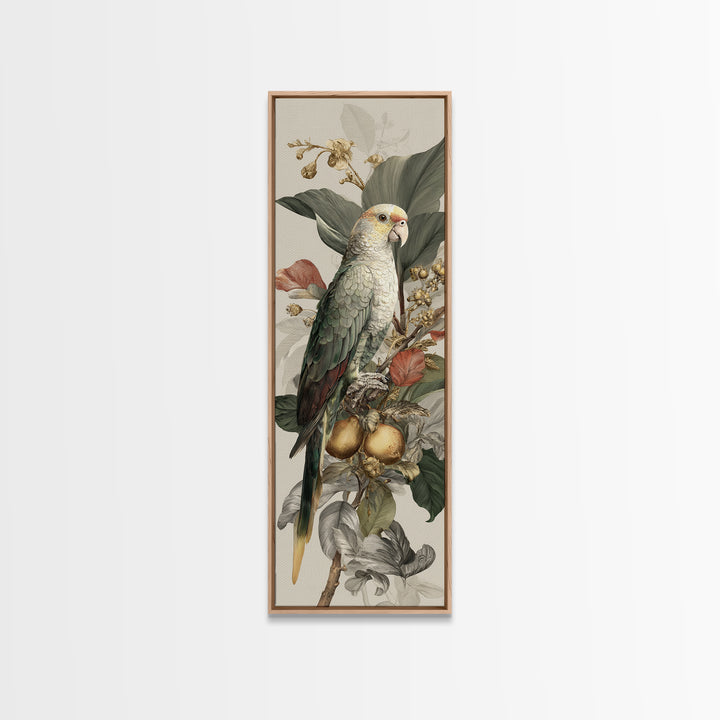 Parrot Among Tropical Leaves and Fruit Canvas Print, Bird Art, Living Room Art, Living Room Decor, Watercolor Art, Flight, BIR-1x3-1