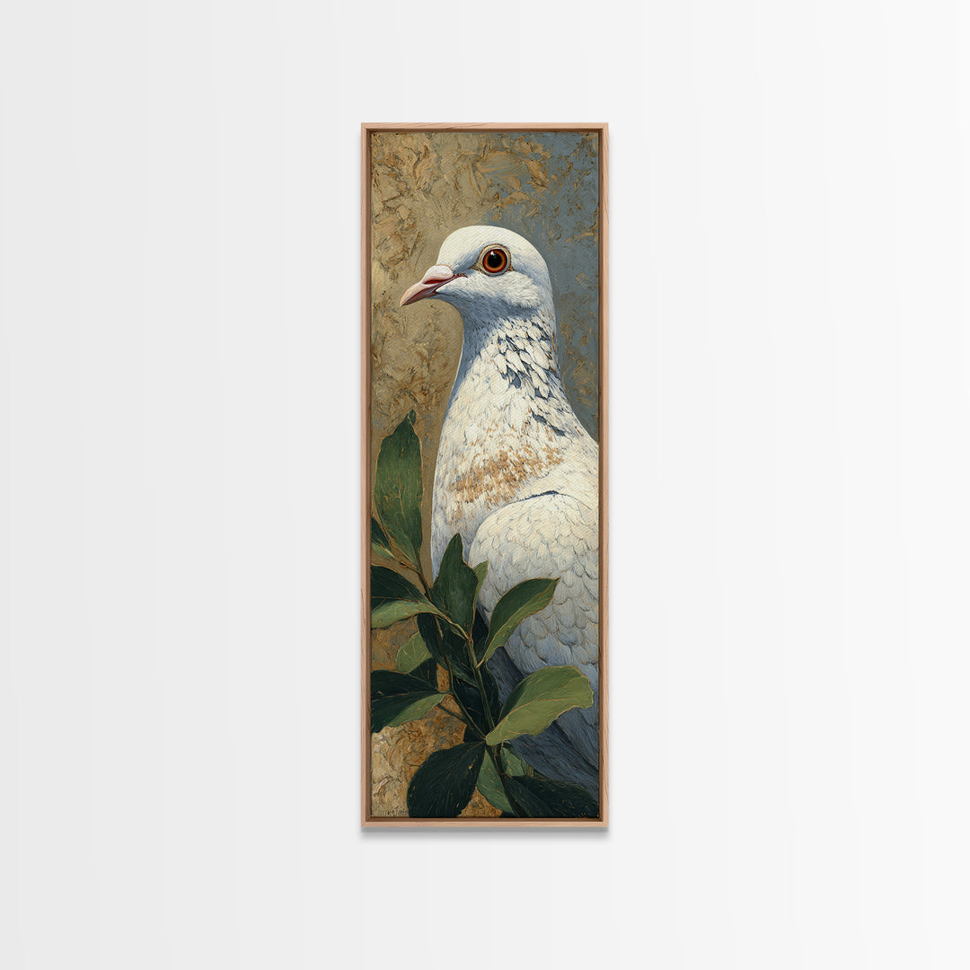 White Dove with Olive Branch and Calm Canvas Print, Bird Art, Gallery Wall, Living Room Decor, Oil Painting, Flight, BIR-1x3-100