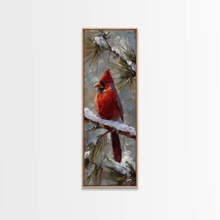 Red Cardinal on Snowy Pine Branch Canvas Print, Bird Art, Statement Artwork, Living Room Decor, Oil Painting, Flight, BIR-1x3-13