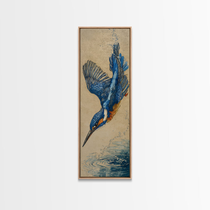 Kingfisher Diving Toward Blue Water Canvas Print, Bird Art, Digital Prints, Living Room Decor, Fine Art, Flight, Modern Art, BIR-1x3-23