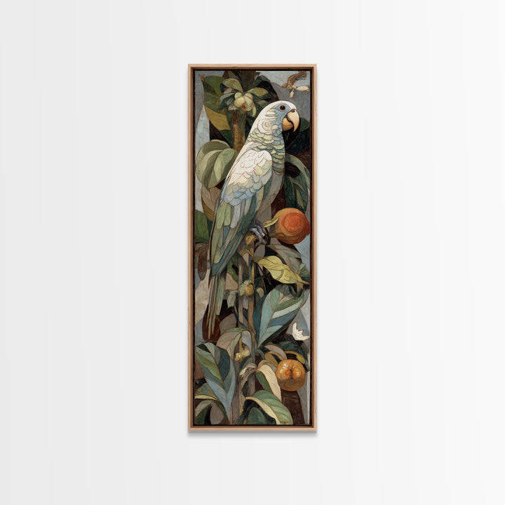 Parrot Among Tropical Leaves and Fruit Canvas Print, Bird Art, Digital Prints, Living Room Decor, Fine Art, Flight, Modern Art, BIR-1x3-25