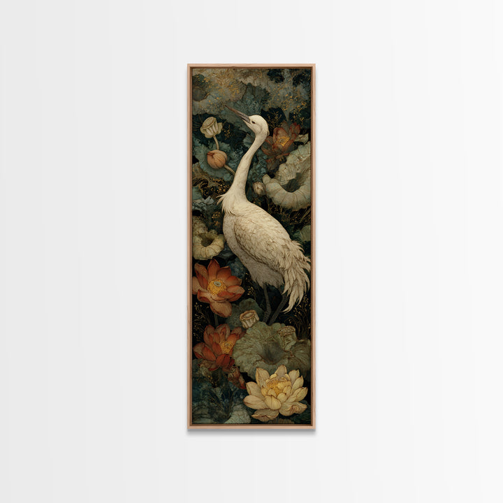 Crane and Lotus Composition Framed Canvas Print, Bird Art, Modern Decor, Living Room Decor, Fine Art, Flight, Home Decor, BIR-1x3-29