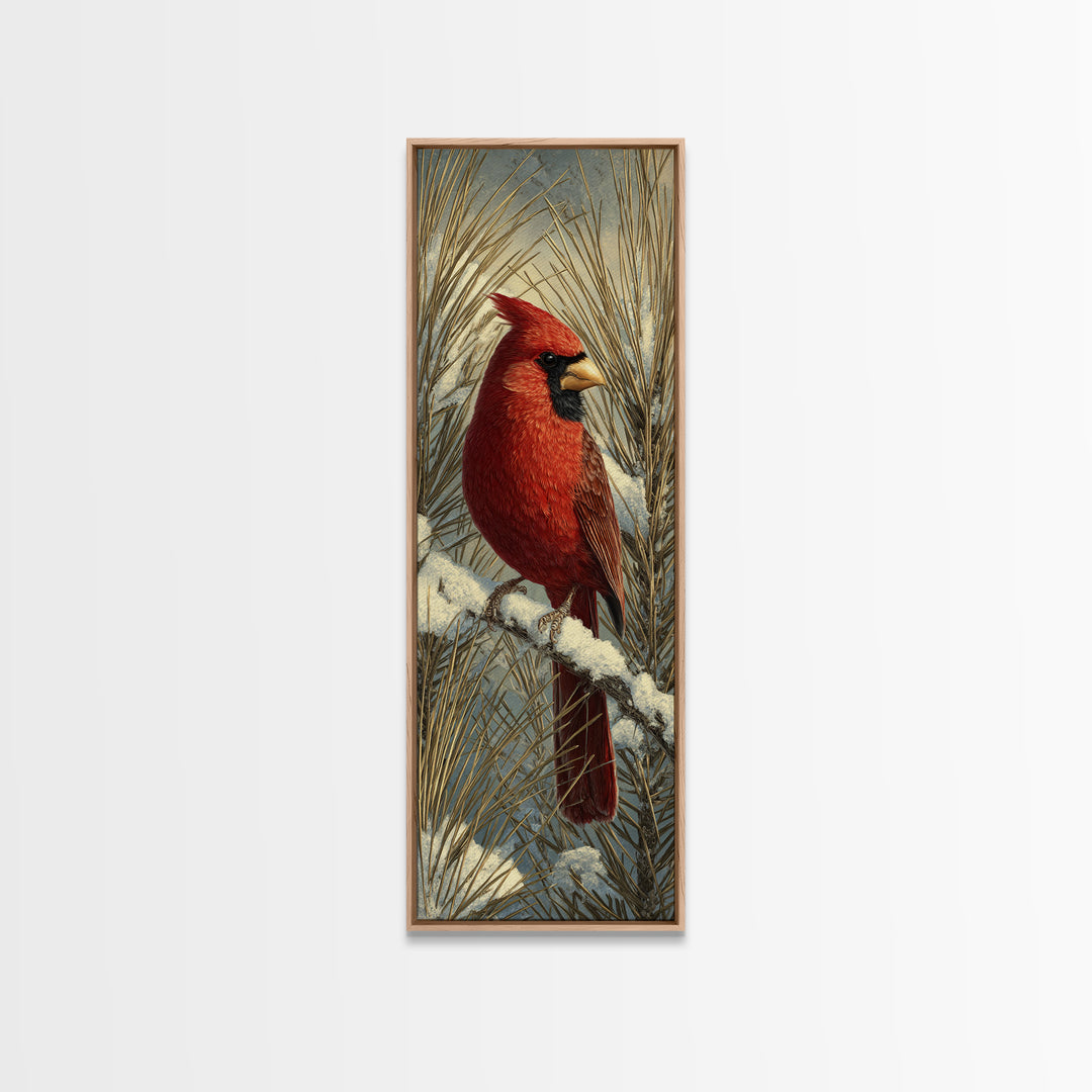 Red Cardinal on Snowy Pine Branch Canvas Print, Bird Art, Statement Artwork, Living Room Decor, Oil Painting, Flight, BIR-1x3-37