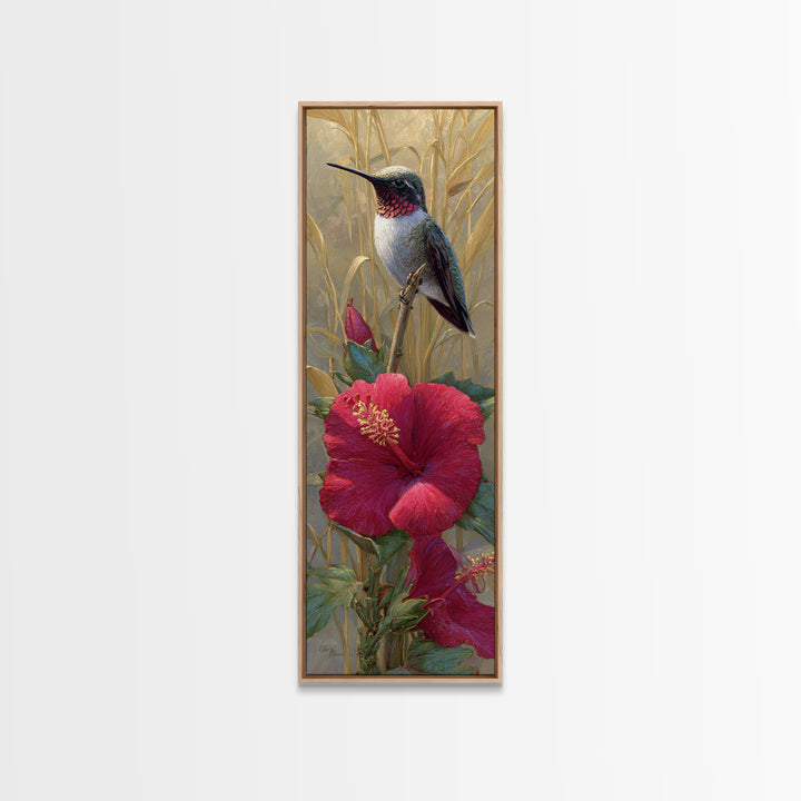 Hummingbird Hovering Beside Bright Hibiscus Canvas Print, Bird Art, Printable Wall Art, Living Room Decor, Fine Art, Flight, BIR-1x3-40