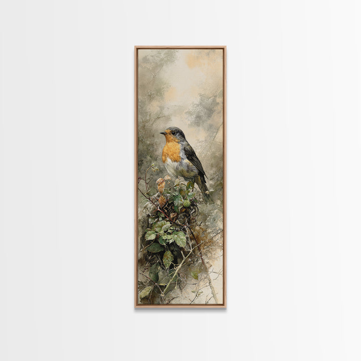 Robin in a Spring Garden with Soft Canvas Print, Bird Art, Living Room Decor, Fine Art, Flight, Rustic Home Decor, Floral Art, BIR-1x3-51