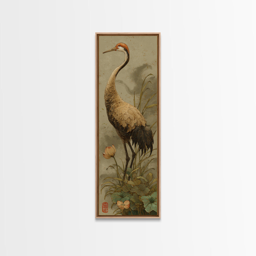 Crane and Lotus Composition Framed Canvas Print, Bird Art, Modern Decor, Living Room Decor, Fine Art, Flight, Home Decor, BIR-1x3-53
