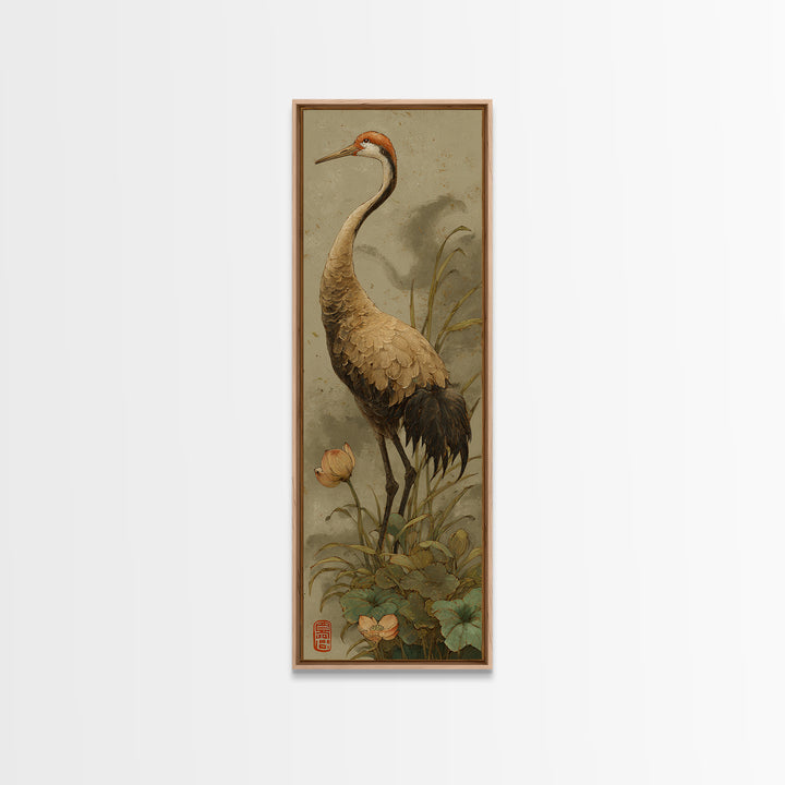 Crane and Lotus Composition Framed Canvas Print, Bird Art, Modern Decor, Living Room Decor, Fine Art, Flight, Home Decor, BIR-1x3-53