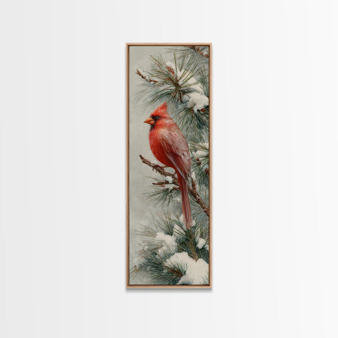 Red Cardinal on Snowy Pine Branch Framed Canvas Print, Bird Art, Textured Painting, Living Room Decor, Watercolor Art, Flight, BIR-1x3-61