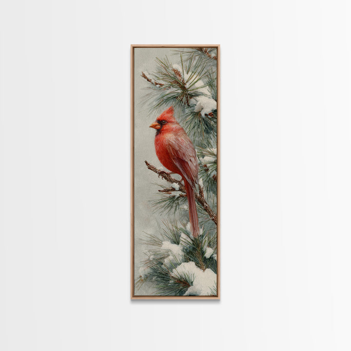 Red Cardinal on Snowy Pine Branch Framed Canvas Print, Bird Art, Textured Painting, Living Room Decor, Watercolor Art, Flight, BIR-1x3-61