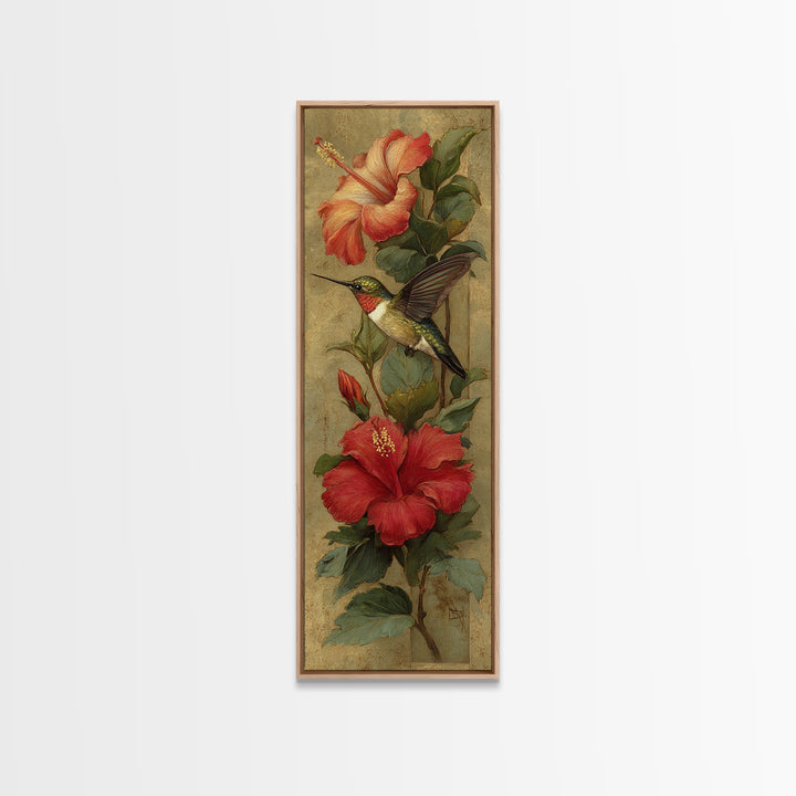 Hummingbird Hovering Beside Bright Hibiscus Framed Canvas Print, Bird Art, Farmhouse Decor, Living Room Decor, Fine Art, Flight, BIR-1x3-64