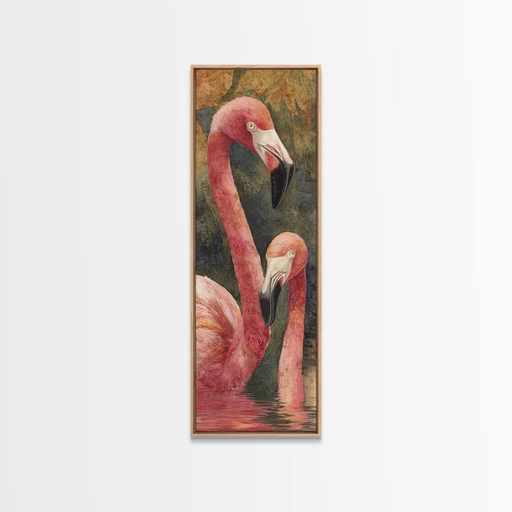 Flamingo Pair in Coral Water Reflections Framed Canvas Print, Bird Art, Rustic Home Decor, Living Room Decor, Fine Art, Flight, BIR-1x3-70