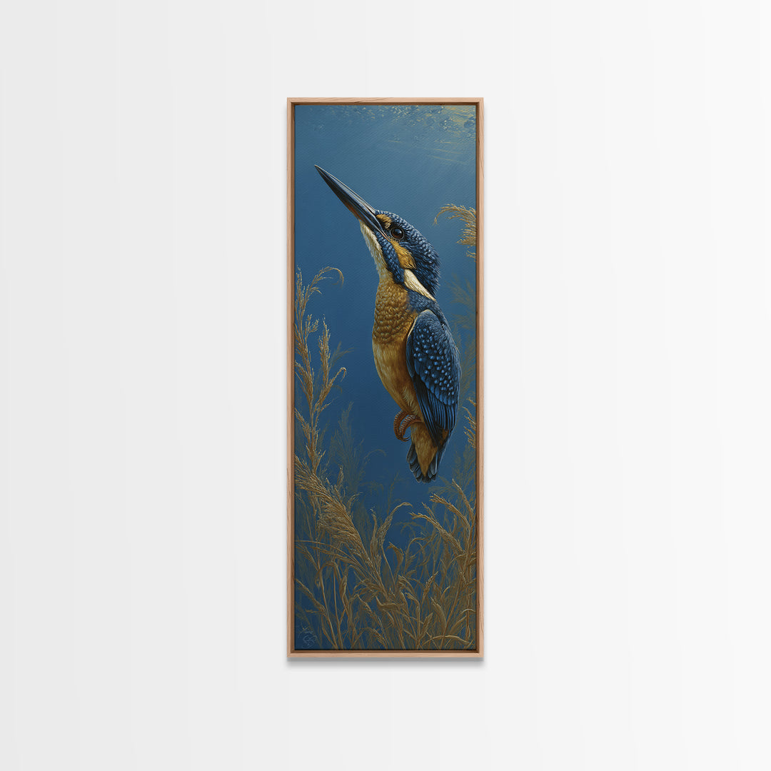 Kingfisher Diving Toward Blue Water Framed Canvas Print, Bird Art, Bird Prints, Living Room Decor, Flight, Modern Decor, BIR-1x3-71