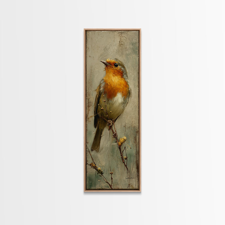 Robin in a Spring Garden with Soft Framed Canvas Print, Bird Art, Mid Century Wall Art, Living Room Decor, Oil Painting, Flight, BIR-1x3-75
