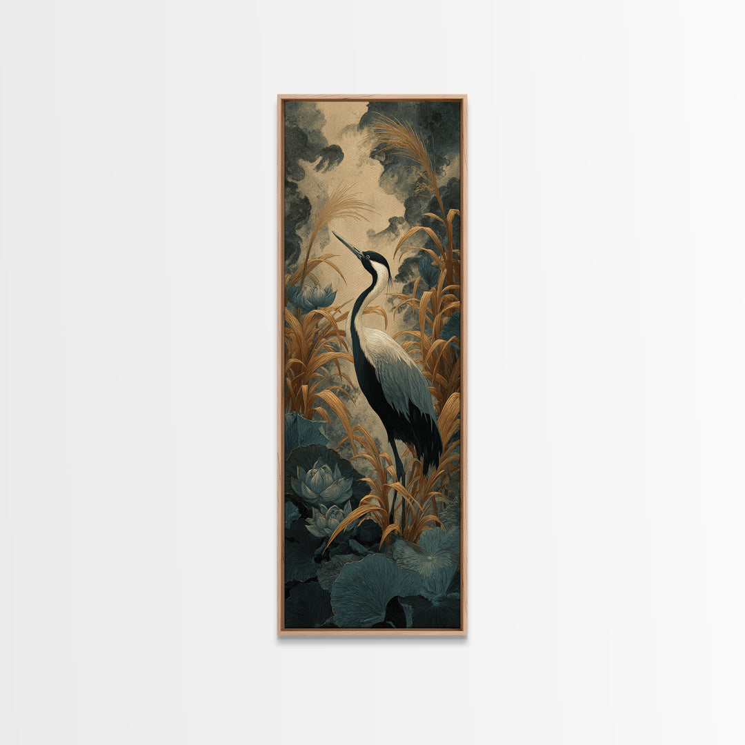 Crane and Lotus Composition Canvas Print, Bird Art, Art Print, Living Room Decor, Fine Art, Flight, Original Art, Digital Print, BIR-1x3-77