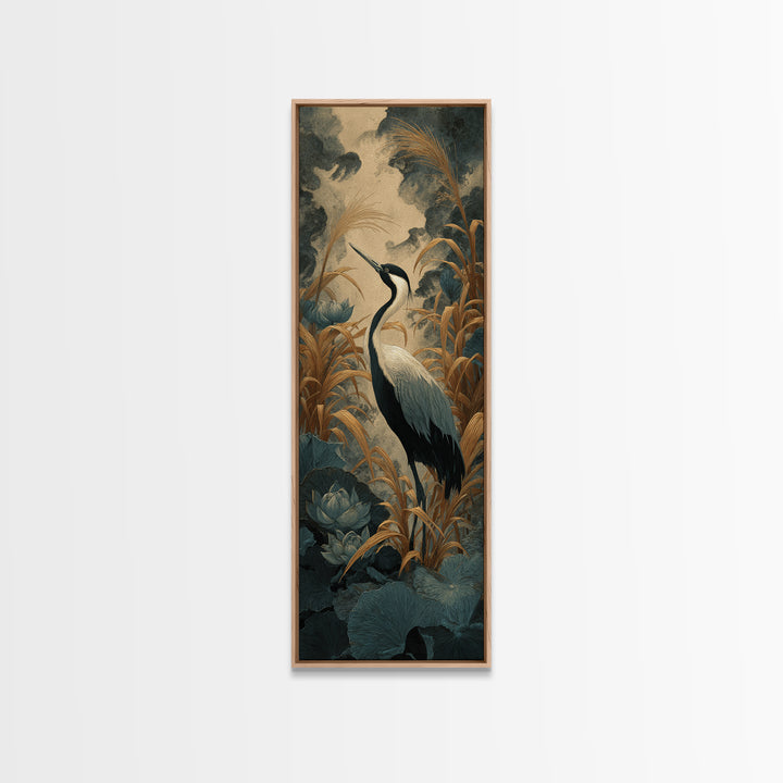 Crane and Lotus Composition Canvas Print, Bird Art, Art Print, Living Room Decor, Fine Art, Flight, Original Art, Digital Print, BIR-1x3-77