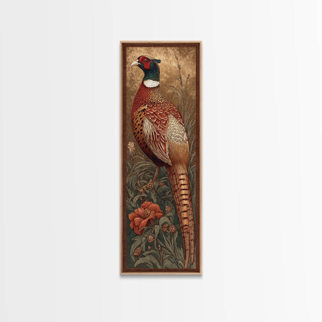 Pheasant with Ornate Feather Details Framed Canvas Print, Bird Art, Modern Art, Living Room Decor, Fine Art, Flight, Floral Art, BIR-1x3-79