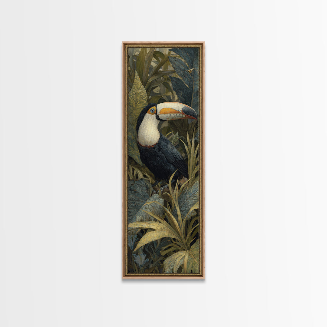 Toucan Framed by Bold Jungle Foliage Framed Canvas Print, Bird Art, Botanical Wall Art, Living Room Decor, Fine Art, Flight, BIR-1x3-83