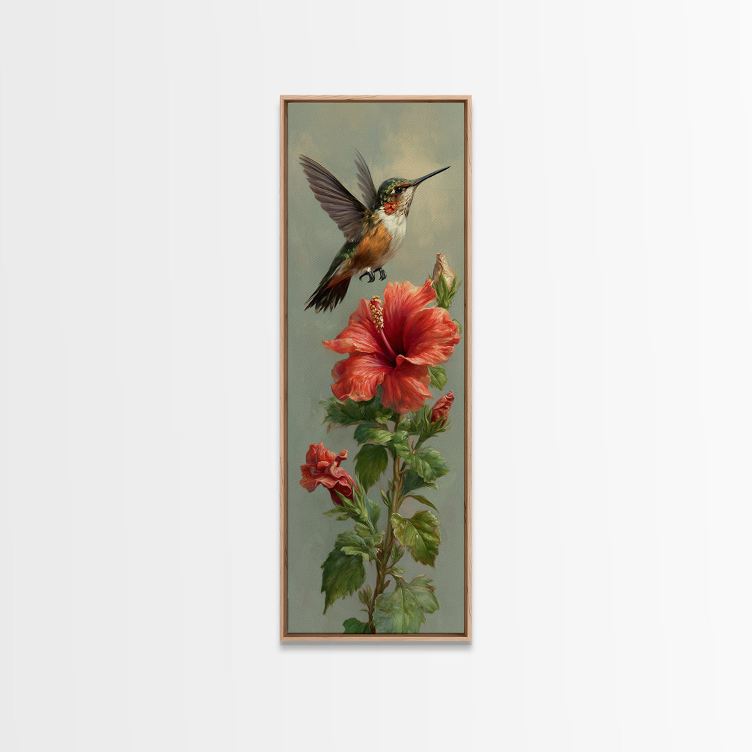 Hummingbird Hovering Beside Bright Hibiscus Canvas Print, Bird Art, Living Room Decor, Fine Art, Flight, Rustic Home Decor, BIR-1x3-88