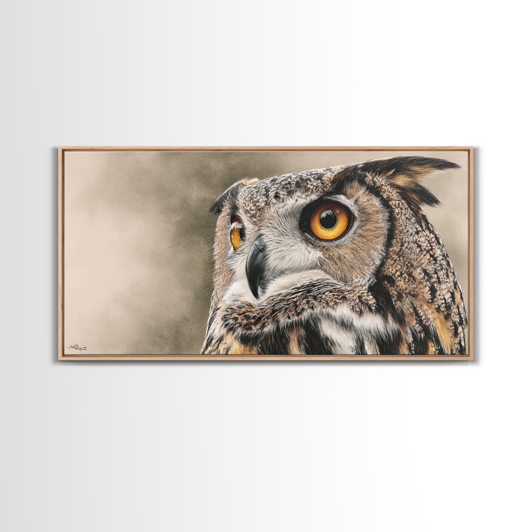 Owl Portrait with Wise Golden Eyes Framed Canvas Print, Bird Art, Home Decor, Living Room Decor, Flight, Modern Wall Art, BIR-2x1-1